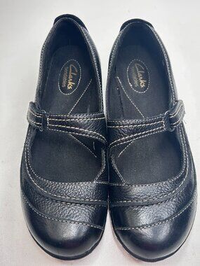 CLARKS Womens 8.5 M Ashland Avenue Mary Janes Black Leather Shoes Hook & Loop